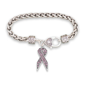 Pink Ribbon Braided Clasp Crystal Bracelet
