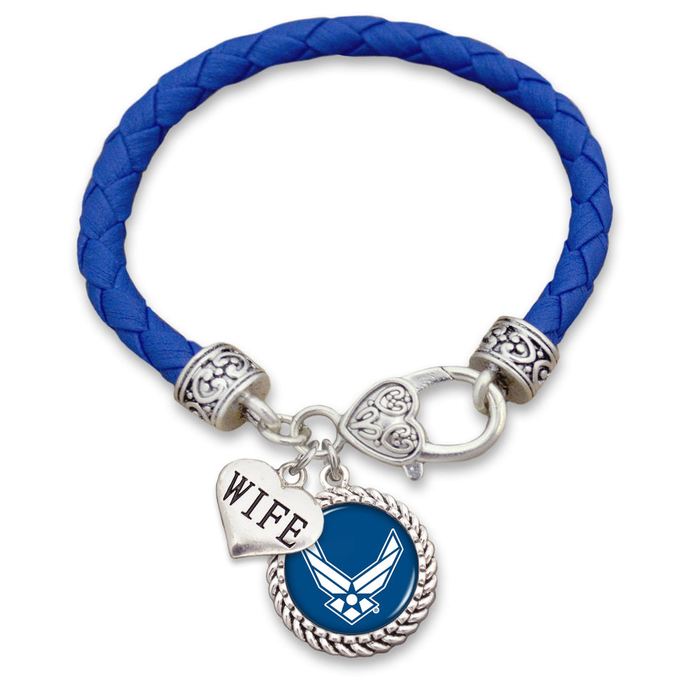 U.S. Air Force Choose Your Family Relationship Accent Heart Leather Bracelet for Wife