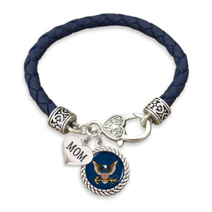 U.S. Navy Choose Your Family Relationship Accent Heart Leather Bracelet for Mom