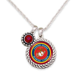 U.S. Marines Round Rope Edge Charm Necklace with Red Crystal Accent Charm