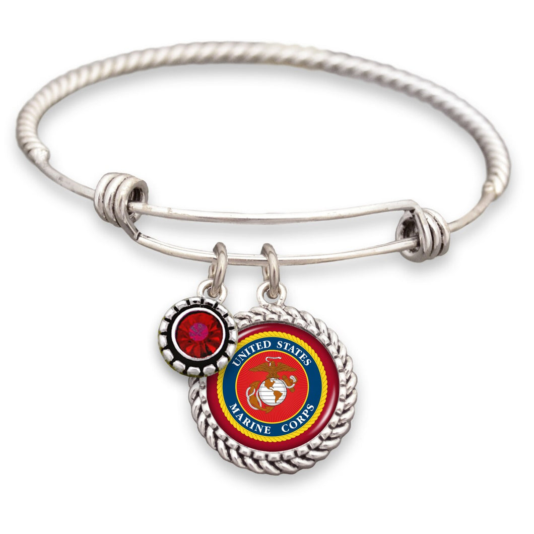 U.S. Marines Wire Bracelet with Red Crystal Accent Charm