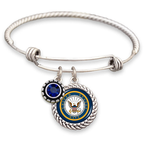 U.S. Navy Wire Bracelet with Navy Crystal Accent Charm