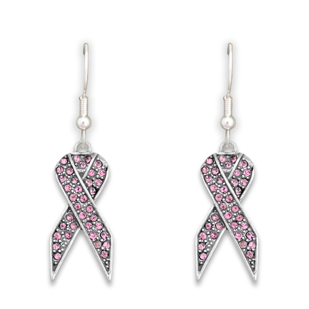 Pink Ribbon Fish Hook Crystal Earrings