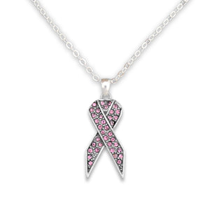 Pink Ribbon Crystal Charm Necklace