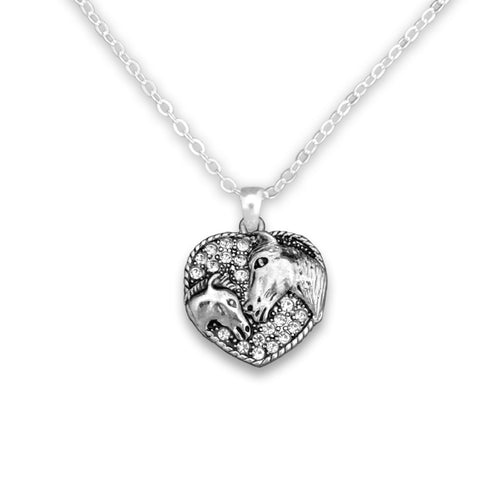Crystal Horse and Foal Heart Necklace Western Jewelry