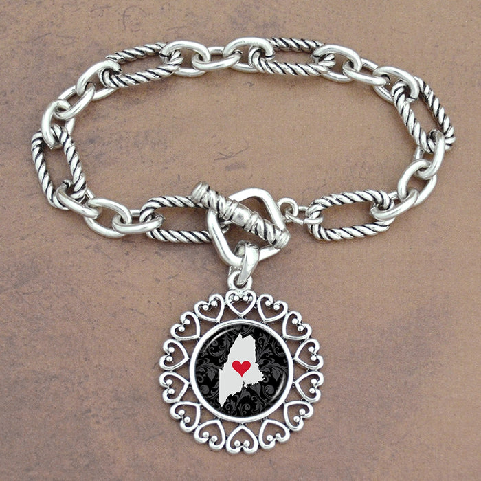 Twisted Chain Link Toggle Clasp Heartland Bracelet with Maine State Charm