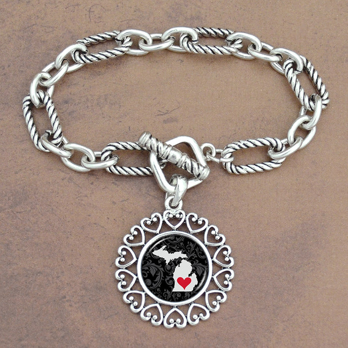 Twisted Chain Link Toggle Clasp Heartland Bracelet with Michigan State Charm