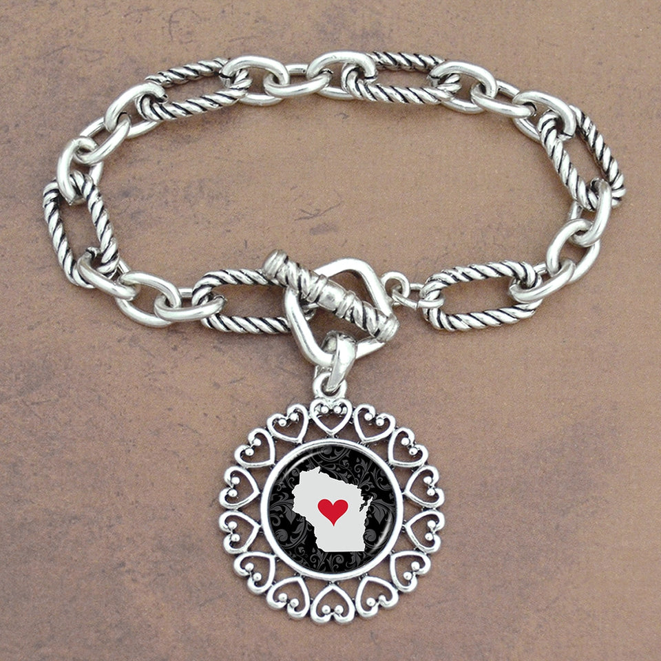Twisted Chain Link Toggle Clasp Heartland Bracelet with Wisconsin State Charm