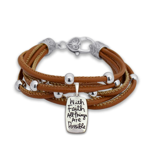 All Things Are Possible Charm Brown Leather Bracelet