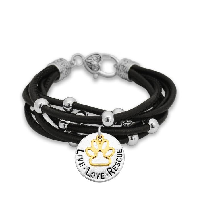Live Love Rescue Paw Charm Black Leather Bracelet
