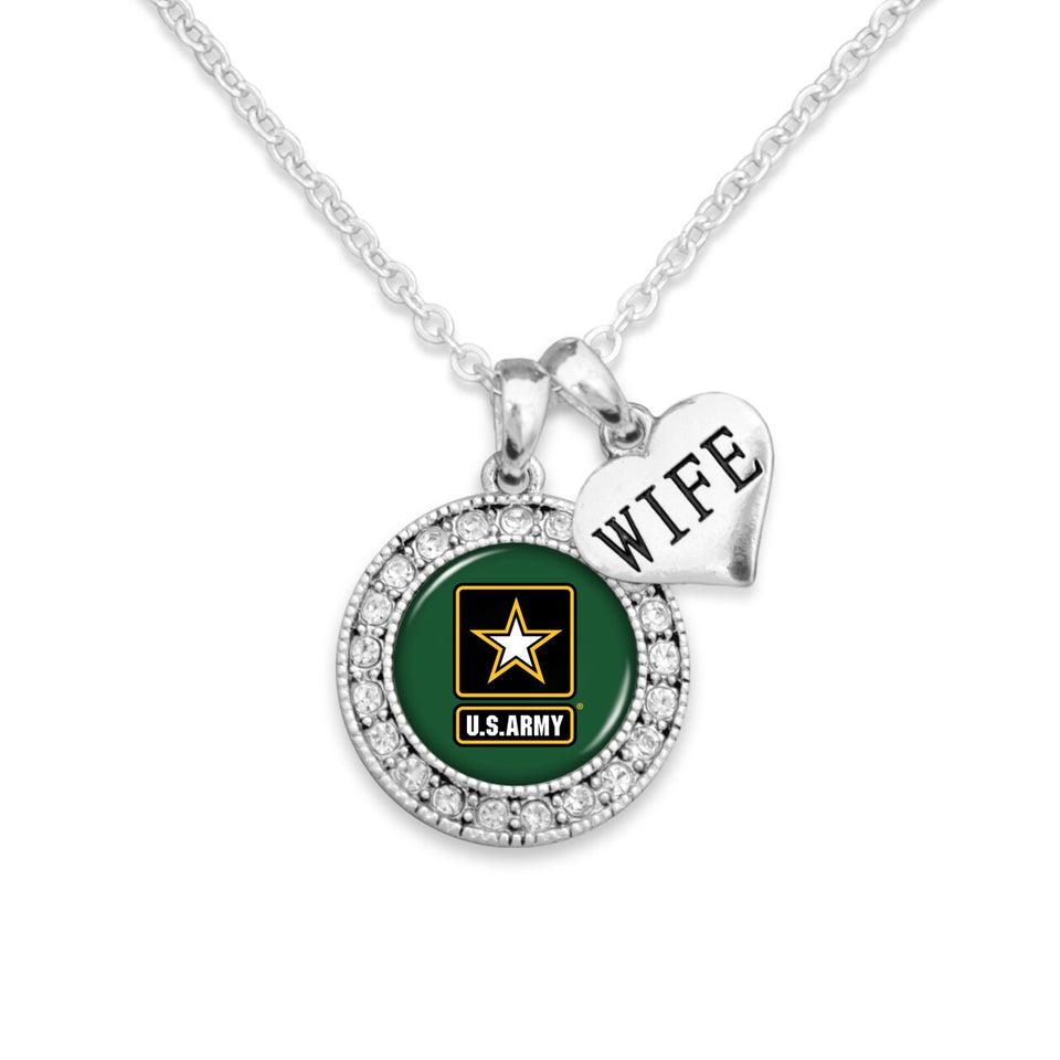 U.S. Army Round Crystal with Wife Accent Charm Necklace