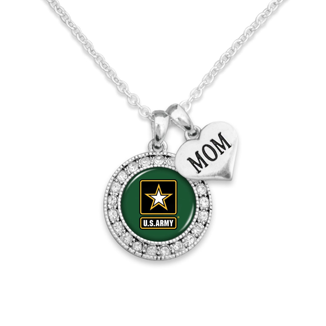 U.S. Army Round Crystal with Mom Accent Charm Necklace