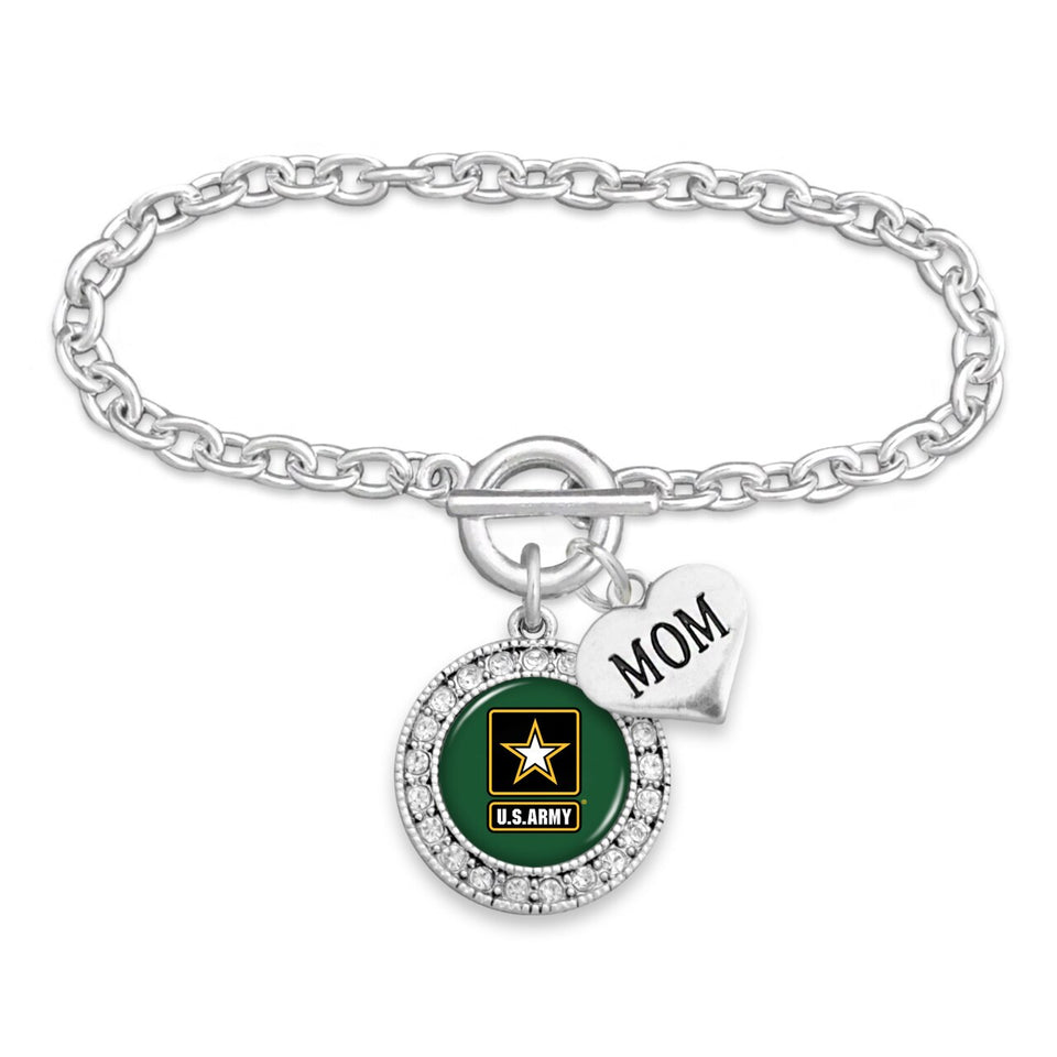 U.S. Army Round Crystal with Mom Accent Charm Bracelet