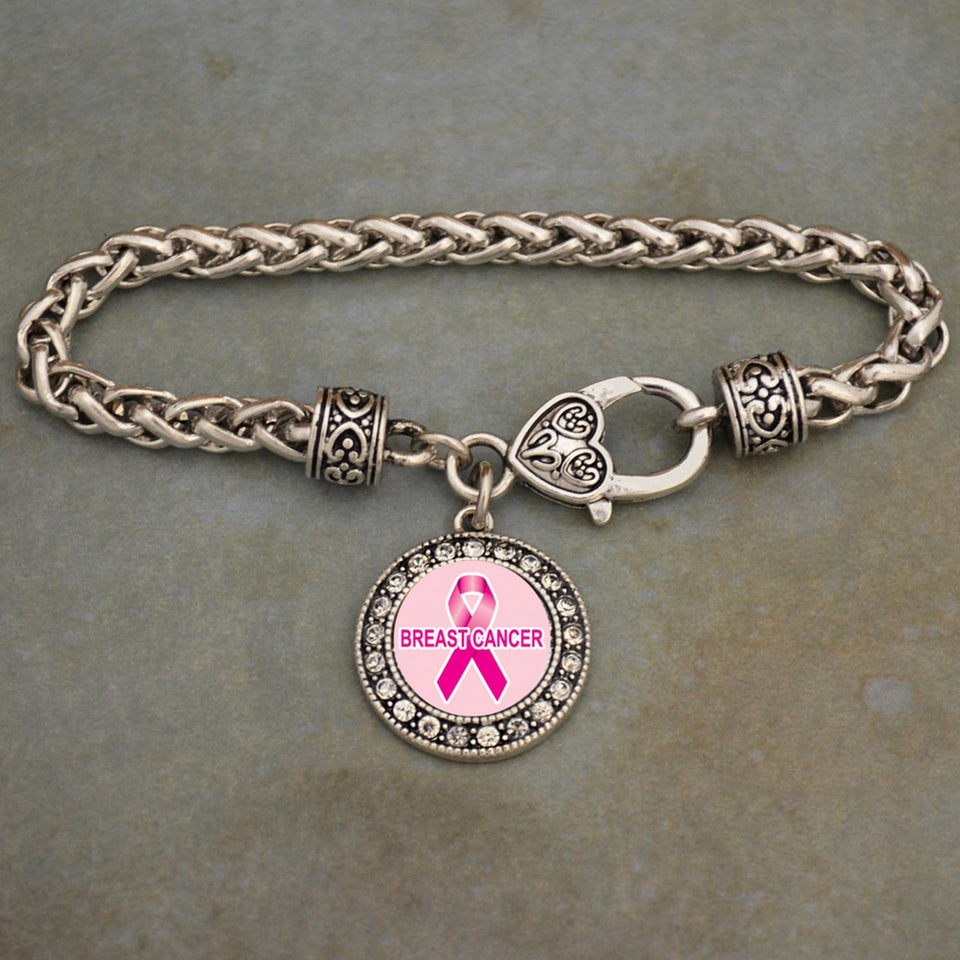 Breast Cancer Awareness Braided Clasp Crystal Charm Bracelet
