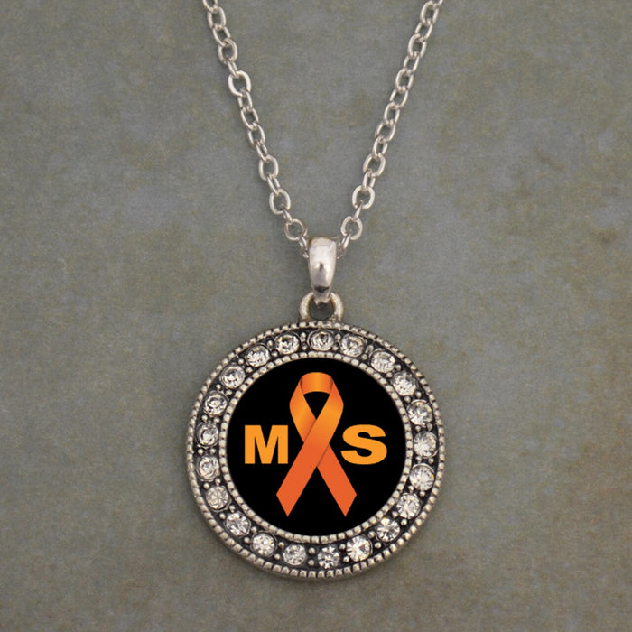 Multiple Sclerosis Awareness Round Crystal Charm Necklace