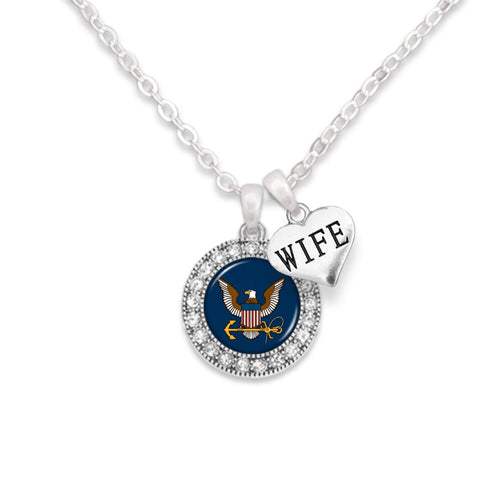U.S. Navy Round Crystal Necklace with Wife Accent Charm