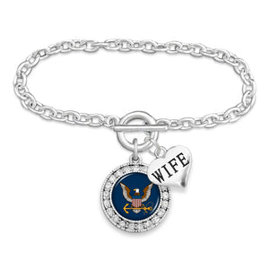 U.S. Navy Round Crystal Charm Bracelet with Wife Accent Pendant