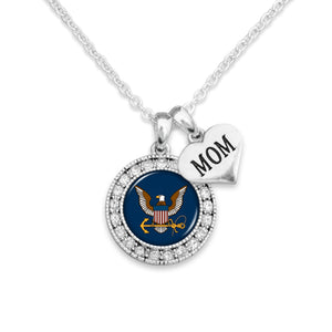 U.S. Navy Round Crystal Charm Necklace with Mom Accent Charm