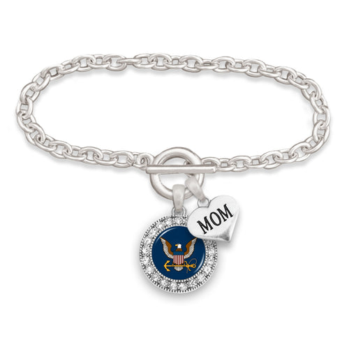 U.S. Navy Round Crystal Charm Bracelet with Mom Accent Pendant