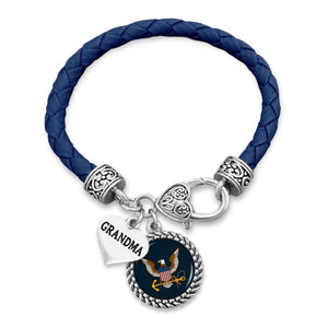 U.S. Navy Round Charm Leather Bracelet with Grandma Accent Pendant