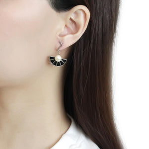 High Polished Stainless Steel Synthetic Glass White & Black and Pearl Charm Drop Earring