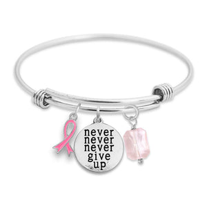 Three Charm Breast Cancer Never Never Never Give Up Charm Bracelet