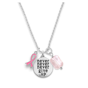 Three Charm Breast Cancer Never Never Never Give Up Charm Necklace