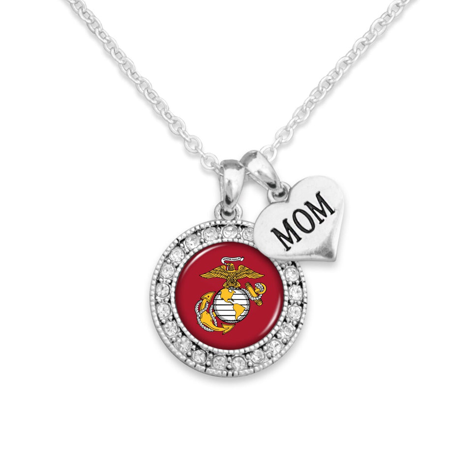 U.S. Marines Round Crystal Charm Necklace with Mom Accent Charm