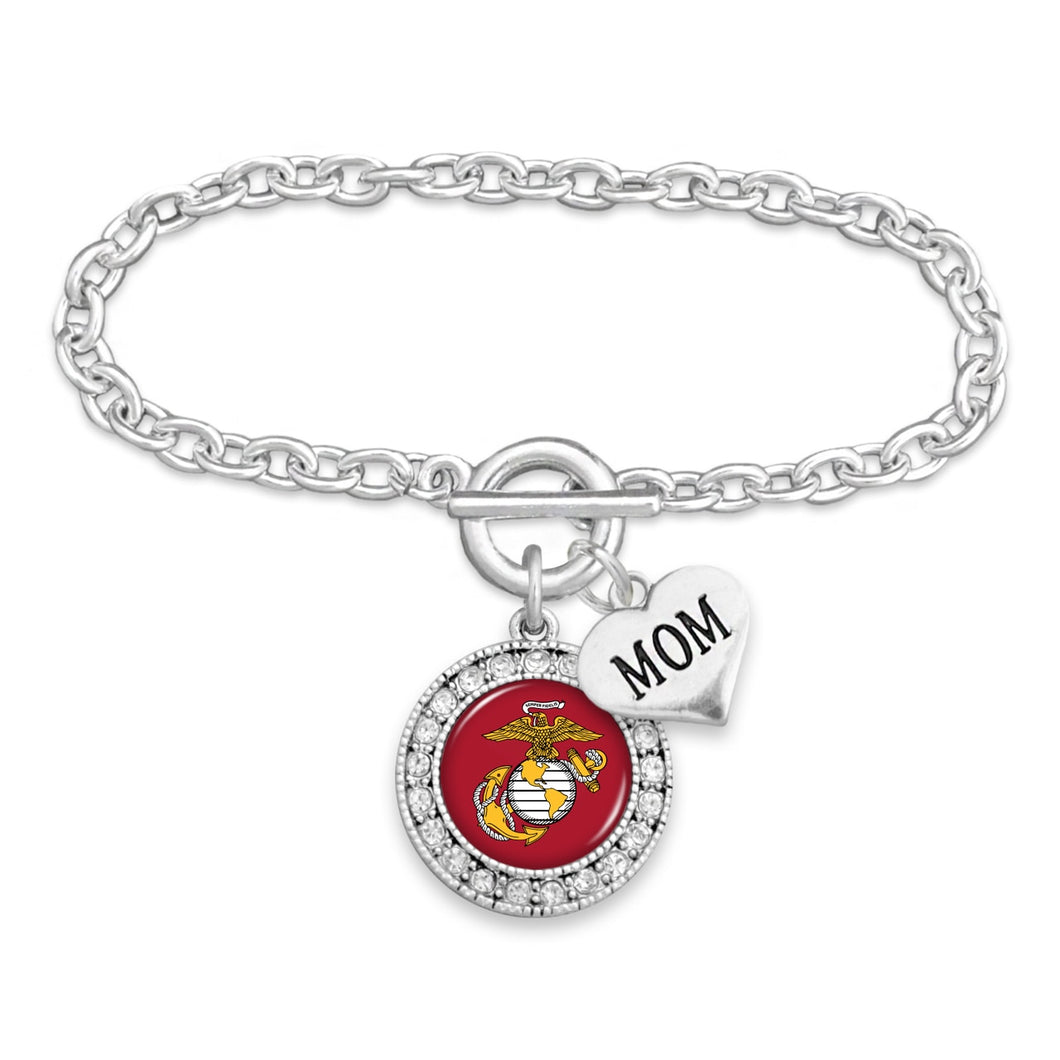 U.S. Marines Round Crystal Charm Bracelet with Mom Accent Charm