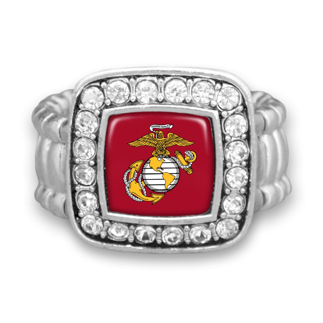 U.S. Marines Square Crystal Charm Stretchy Ring