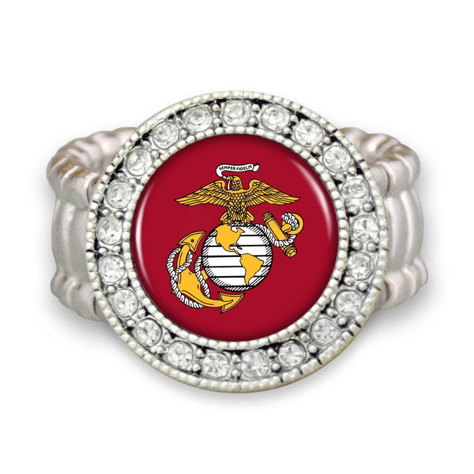 U.S. Marines Round Crystal Charm Stretchy Ring