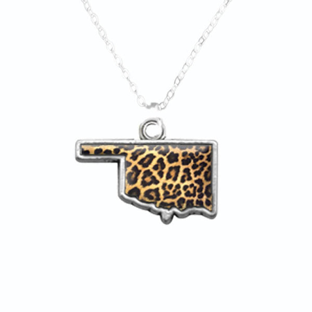 Oklahoma State Pride ''Silver Cheetah Print State'' Necklace