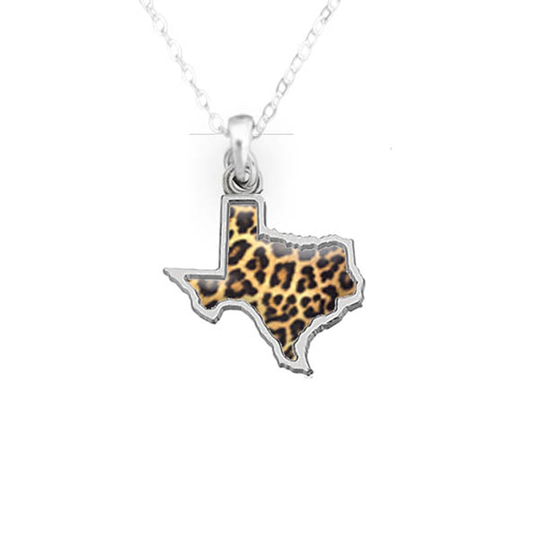Texas State Pride ''Silver Cheetah Print State'' Necklace