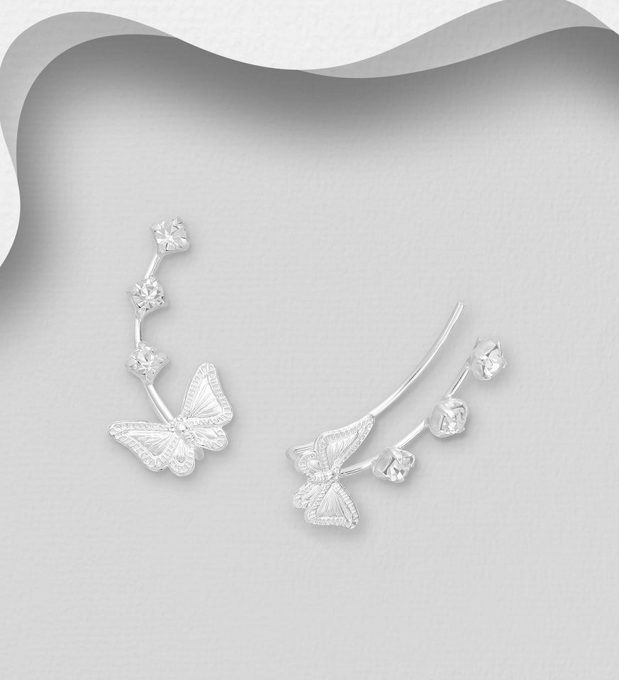 Sterling Silver Butterfly Ear Pins, Decorated with Crystal Glass