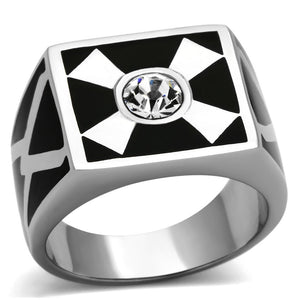 High Polished Totem Design w/ Clear Crystal Stainless Steel Biker Ring