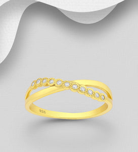 Sterling Silver  Ring Decorated with CZ Simulated Diamonds, Plated with 1 Micron 18K Yellow Gold