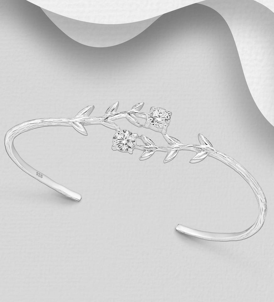 Sterling Silver Flower Cuff Decorated with CZ Simulated Diamonds, Plated with Pure Silver & E-Coat