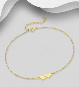 Sterling Silver Heart Bracelet, Heart Plated with 1 Micron 14K or 18K Yellow Gold