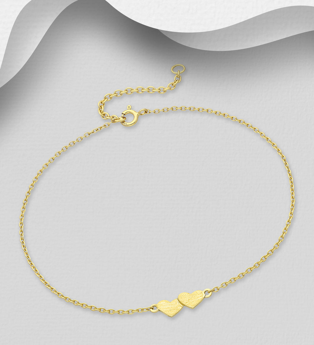 Sterling Silver Heart Bracelet, Heart Plated with 1 Micron 14K or 18K Yellow Gold