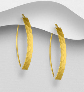 Sterling Silver Curved Bar Hammered Hook Earrings Plated with 1 Micron 18K Yellow Gold