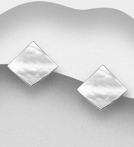 Sterling Silver Diamond Shape Hammered Rhombus Push-Back Earrings