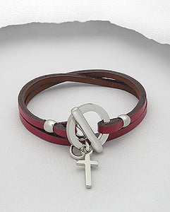 Red Leather Stainless Steel Cross Bracelet w/ Rhodium Plating