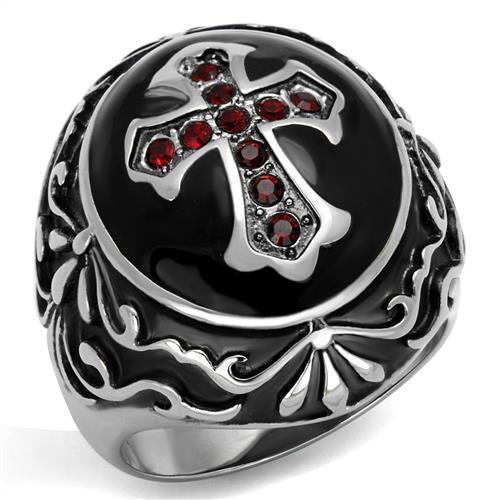 High Polished Crusader Design w/ Siam Crystals Stainless Steel Biker Ring