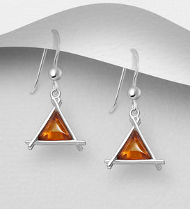 Sterling Silver Triangle Hook Earrings, Decorated with Baltic Amber