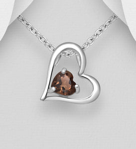Sterling Silver Heart Pendant, Decorated with Smoky Quartz Topaz