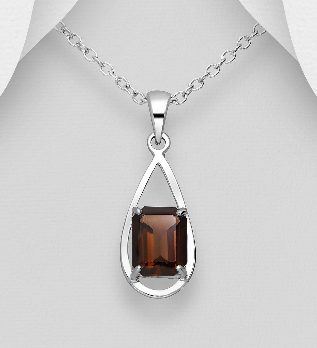 Sterling Silver Droplet Solitaire Pendant, Decorated with Smoky Quartz Gemstone